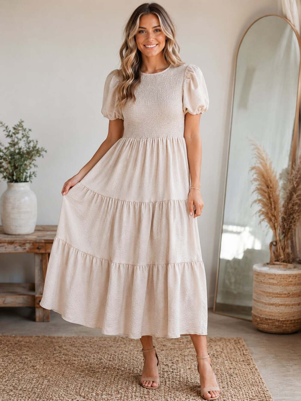 SHEIN Beige Smocked Tiered Midi Dress Puff Sleeve Cottagecore Boho Size S